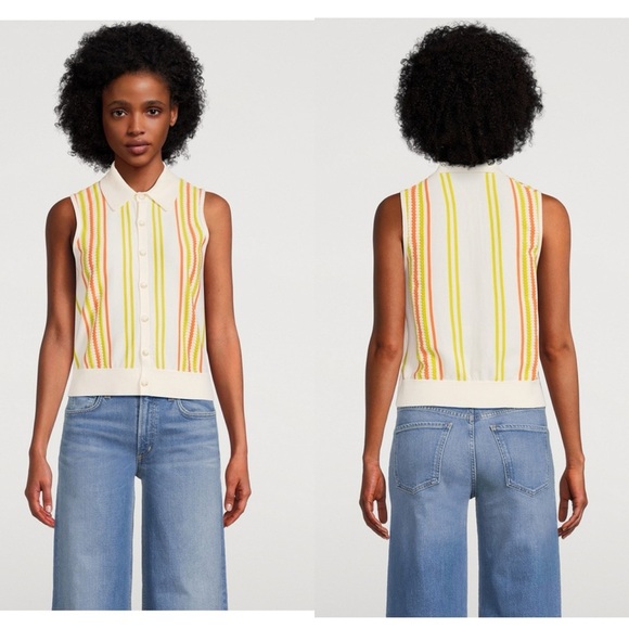 Guest In Residence Stripe Plaza Vest Cotton Knit Cream Citron Orange Small NWT - Picture 1 of 7